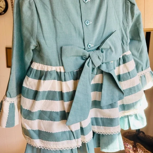 New Elegant Teal and White Striped Kids Formal Dress - Picture 4 of 6